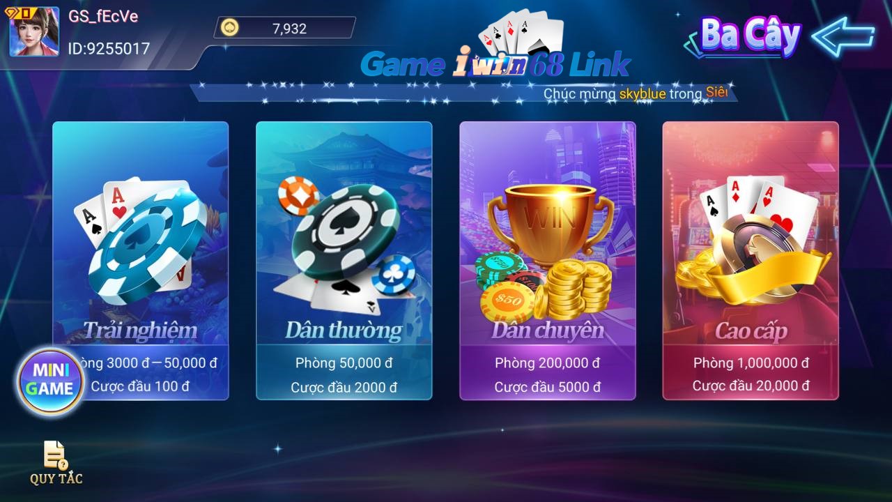 các phòng chơi game bài ba cây iwin68