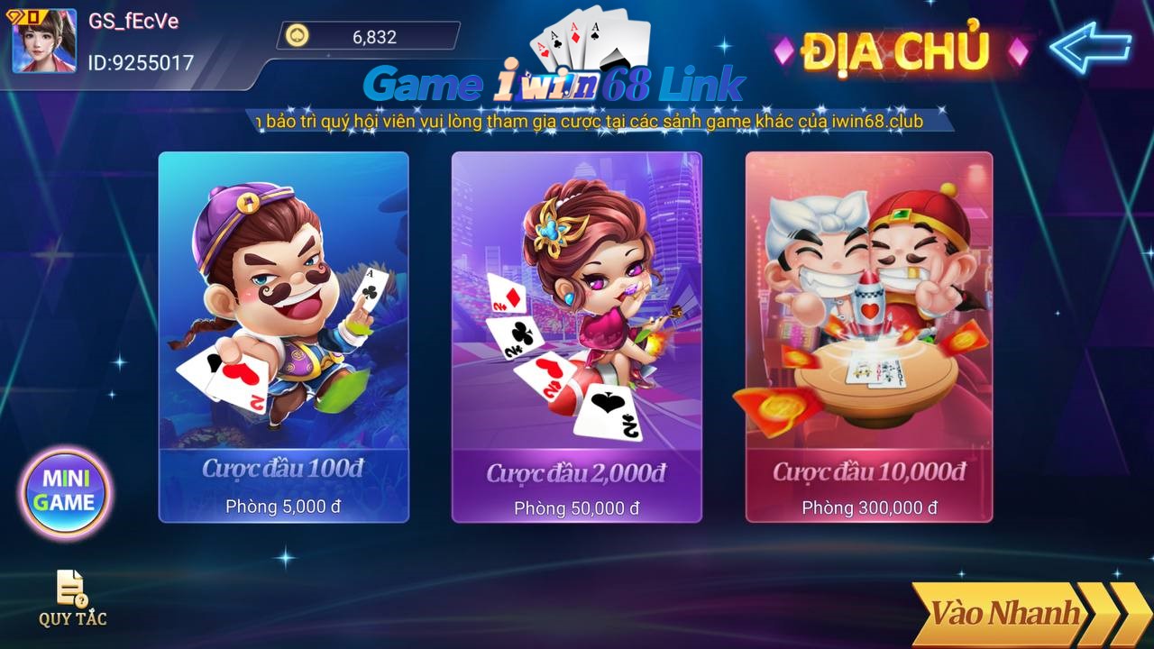 các phòng chơi game bài địa chủ iwin68