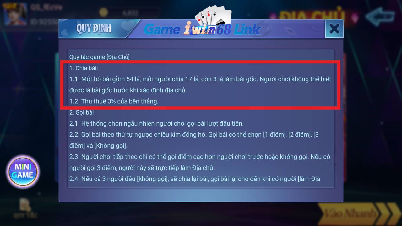 chia bài trong game bài địa chủ iwin68