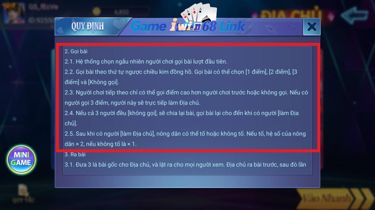 gọi bài trong game bài địa chủ iwin68