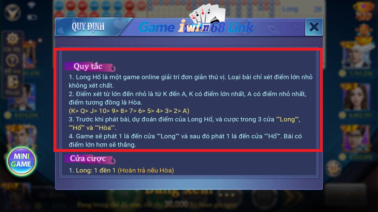 quy tắc chơi game long hổ iwin68
