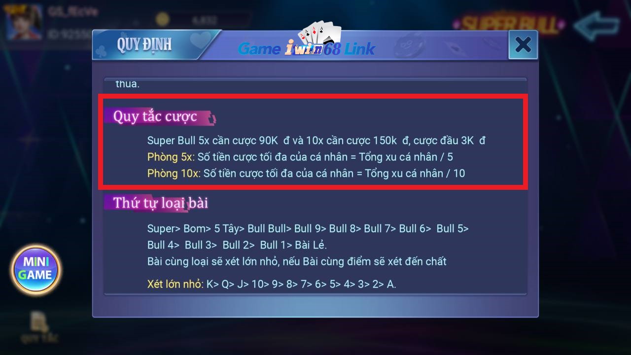 quy tắc cược game super bull iwin68