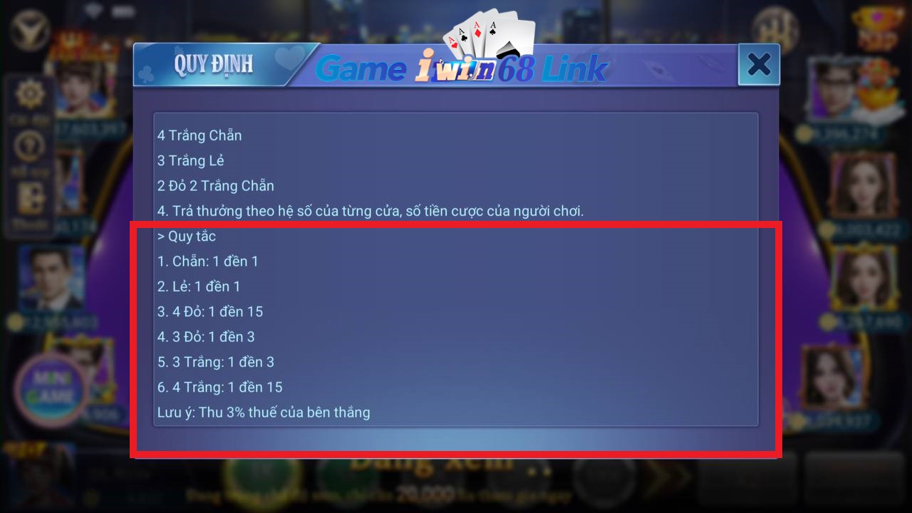 quy tắc và tỷ lệ trả thưởng game xóc đĩa iwin68