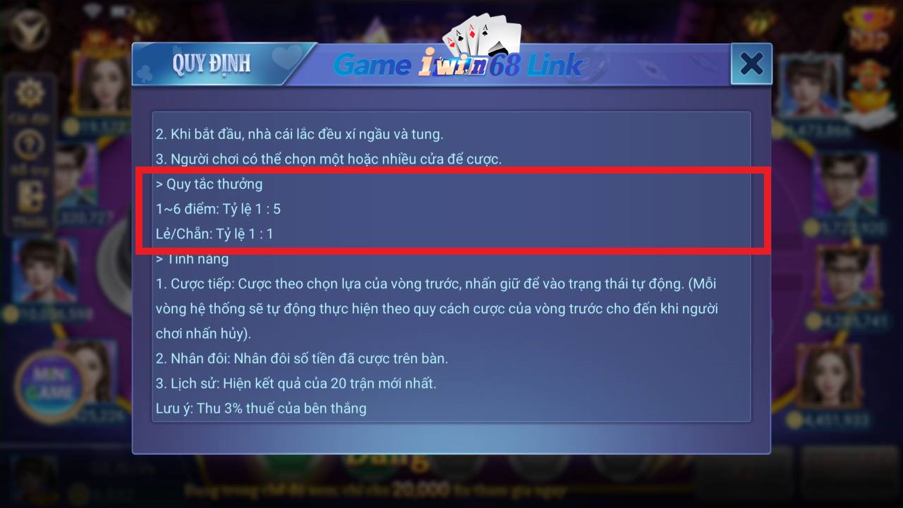 quy tắc thưởng game sicbo iwin68