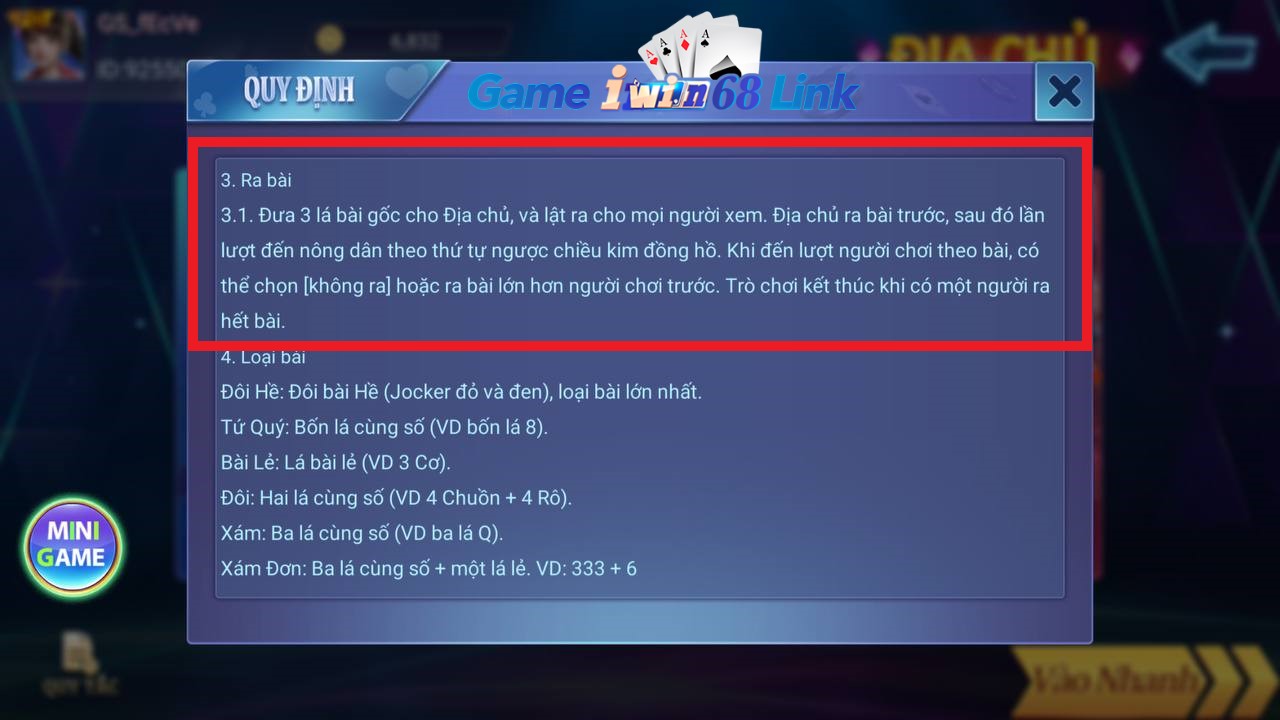 ra bài trong game bài địa chủ iwin68