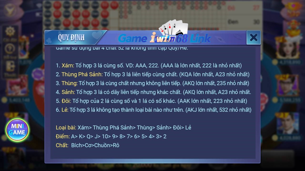 tổ hợp bài trong game đỏ vs đen iwin68