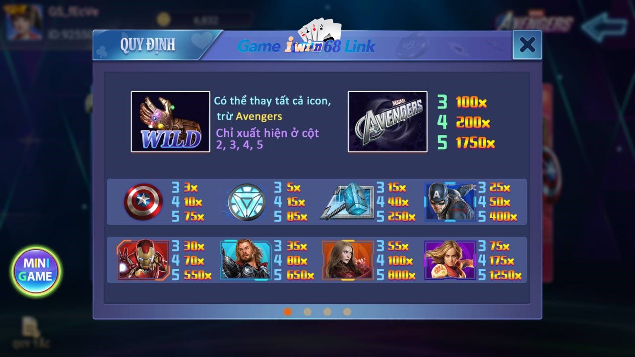 quy định về biểu tượng thưởng game nổ hũ avengers iwin68