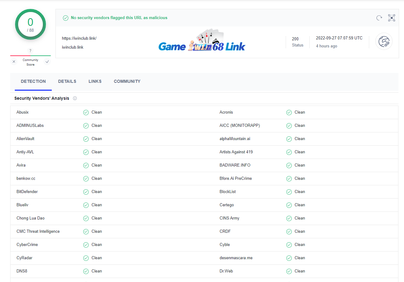 Kiểm tra IWIN CLUB bằng VirusTotal