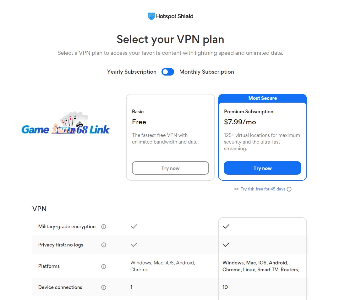 Bảng giá dịch vụ Hotspot Shield