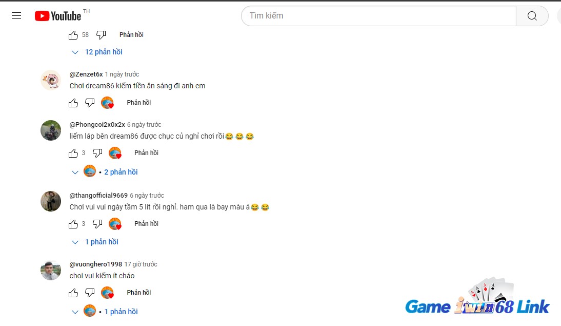 Bình luận trên video Youtube về cổng game Dream86