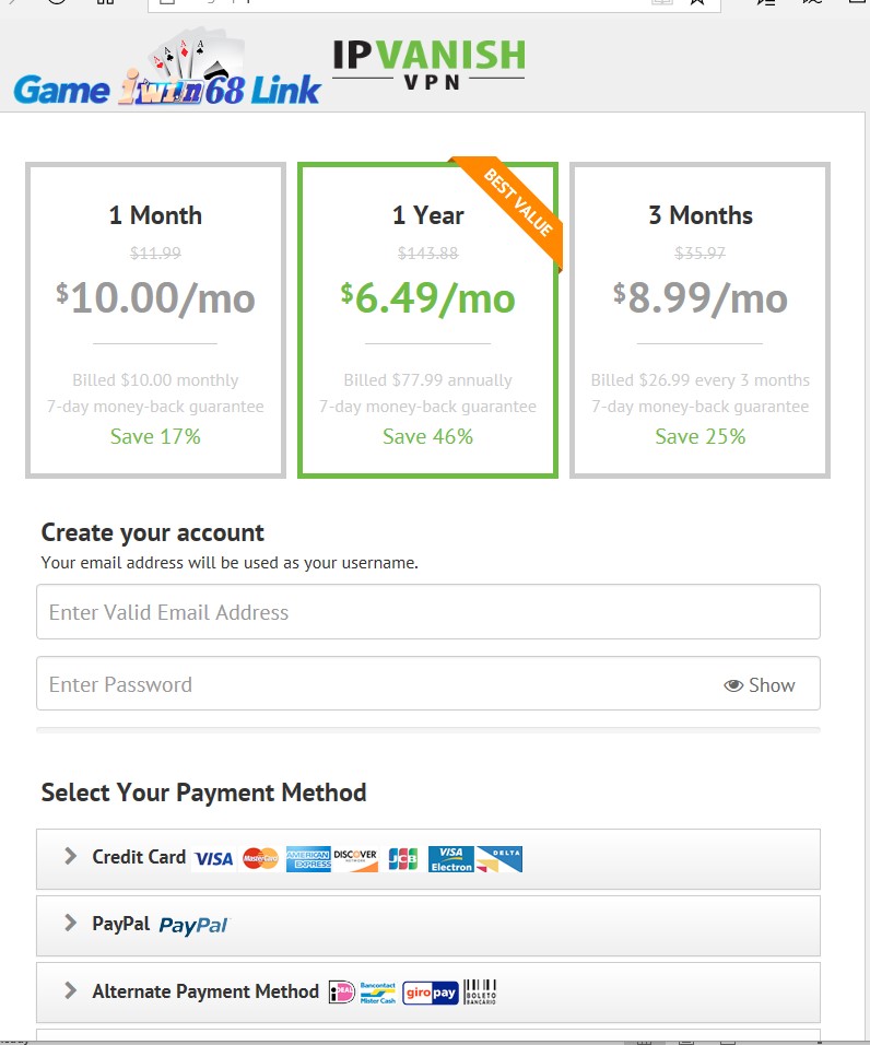 Các gói cước dịch vụ IPVanish