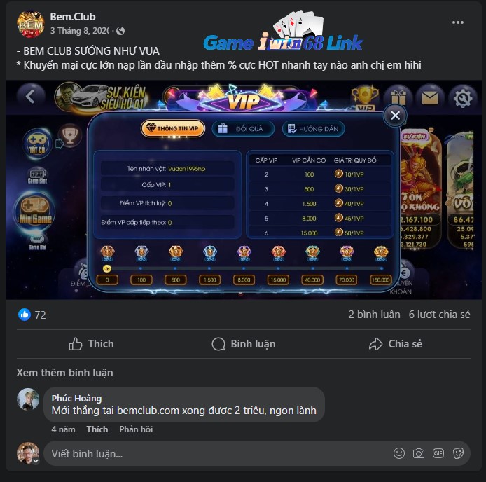 Chia sẻ của người chơi Phúc Hoàng về cổng game Bemclub