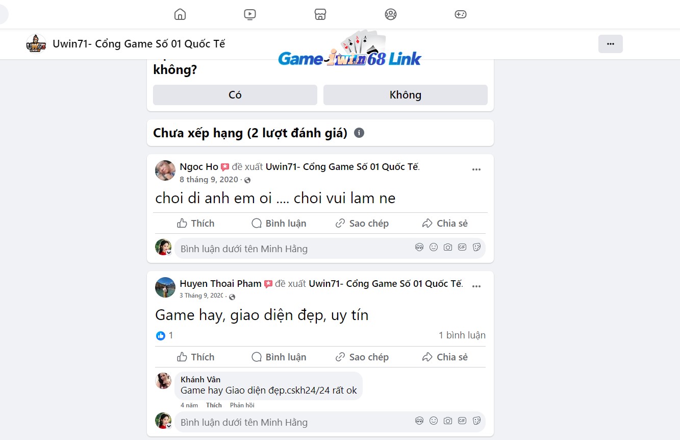 Đánh giá của người chơi Ngoc Ho và Huyen Thoai Pham về cổng game Uwin71 