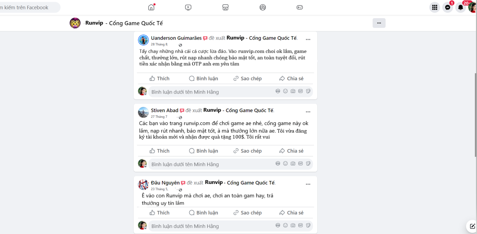 Đánh giá của người chơi Uanderson Guimarães, Stiven Abad và Đâu Nguyễn về cổng game Runvip