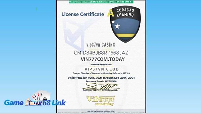 Giấy phép hoạt động của Vip37vn rõ ràng