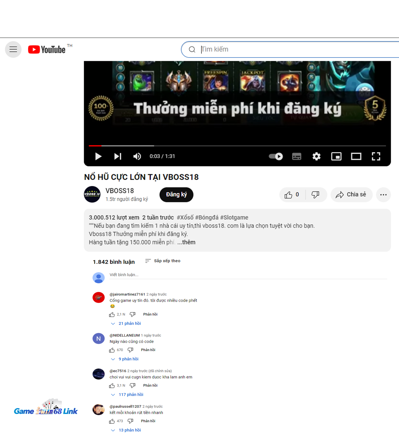 Hàng ngàn lượt bình luận về Vboss 18 tích cực trên youtube