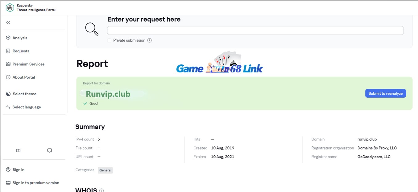 Kết quả kiểm tra runvip.club bằng công cụ Kaspersky VirusDesk