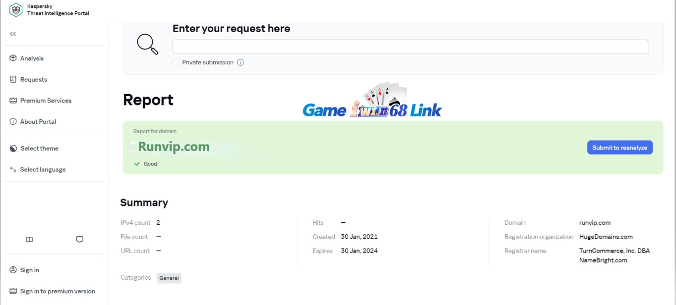 Kết quả kiểm tra runvip.com bằng công cụ Kaspersky VirusDesk