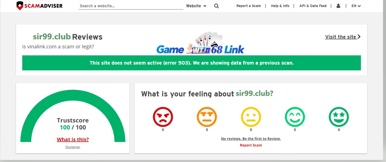 Kết quả kiểm tra sir99.club bằng Scamadviser.com