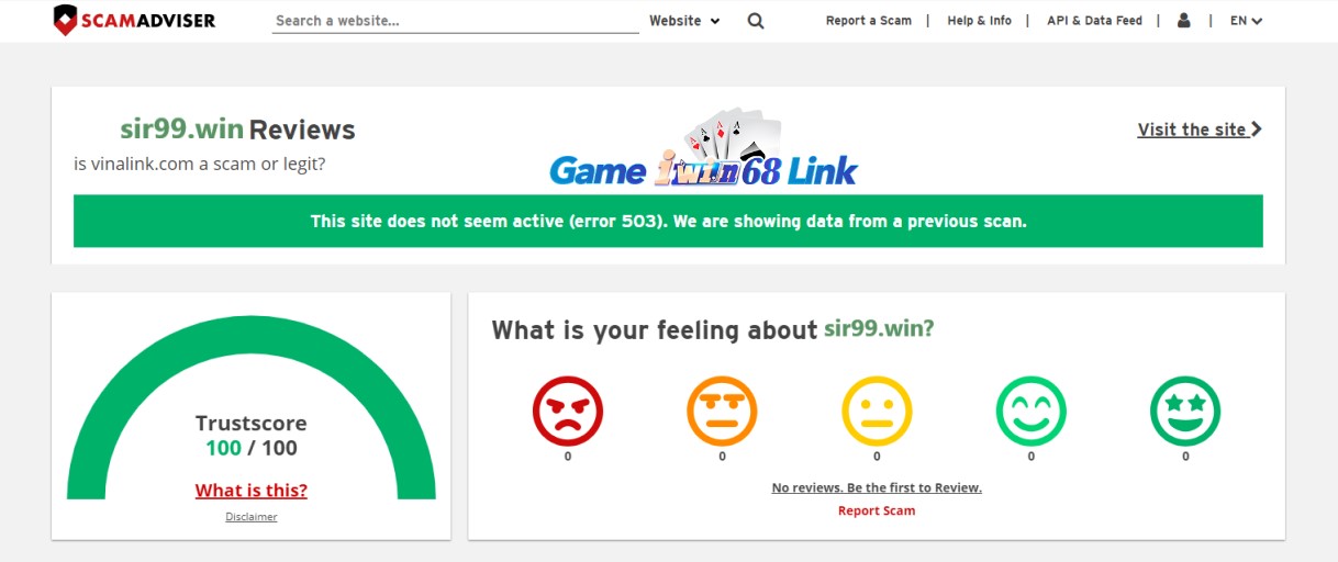 Kết quả kiểm tra sir99.win bằng Scamadviser.com