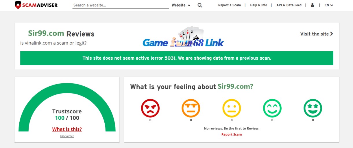 Kết quả kiểm tra sir99.com bằng Scamadviser.com