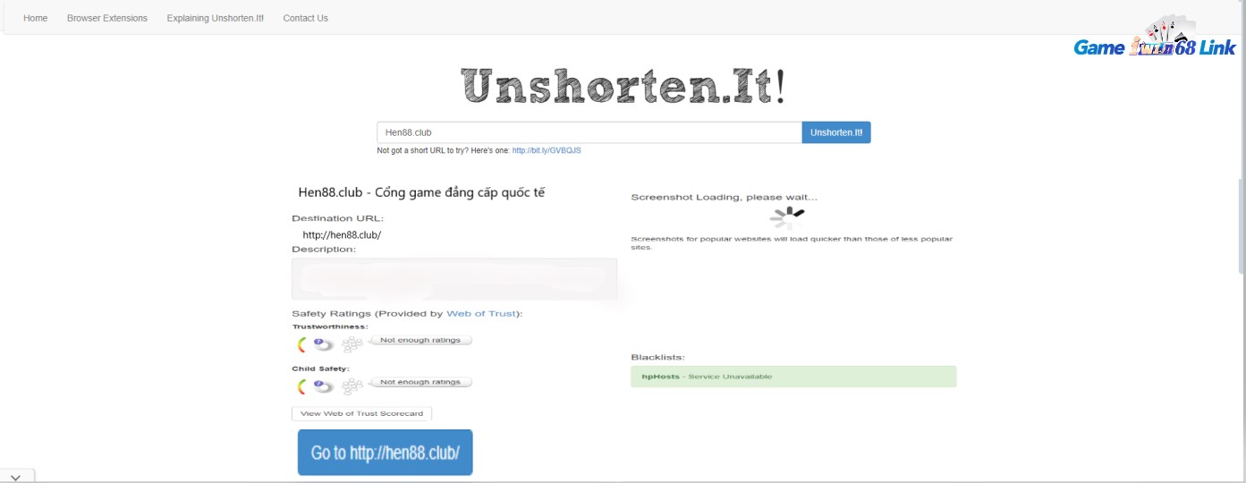 Kiểm tra độ an toàn của domain hen88.club bằng UnShorten.it
