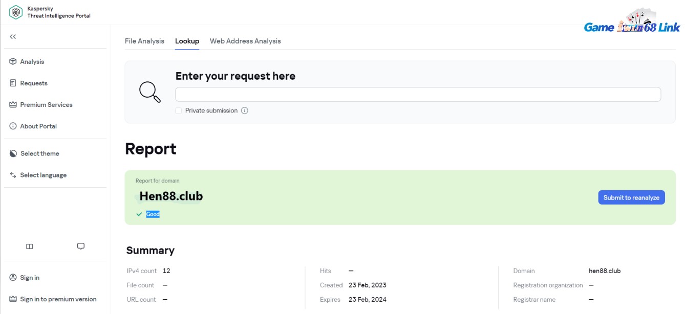 Kiểm tra độ an toàn của domain hen88.club bằng VirusDesk