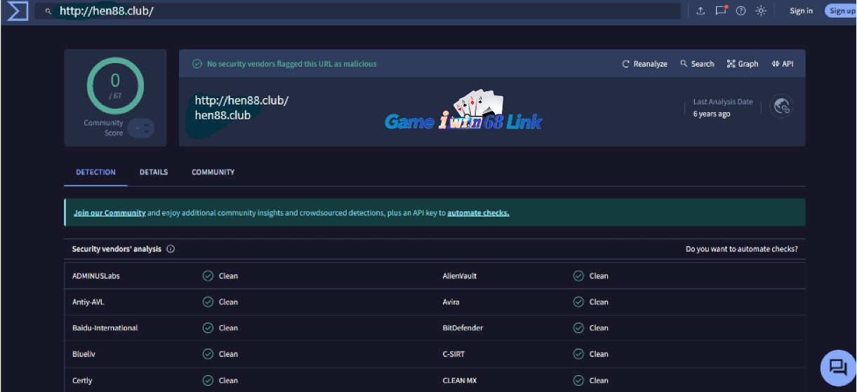 Kiểm tra độ an toàn của domain hen88.club bằng virustotal.com