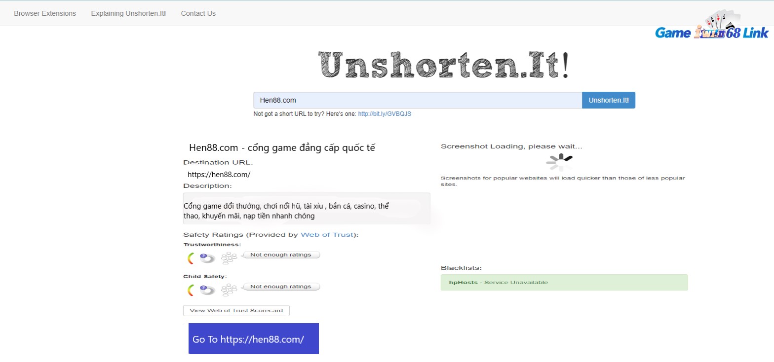 Kiểm tra độ an toàn của domain hen88.com bằng UnShorten.it