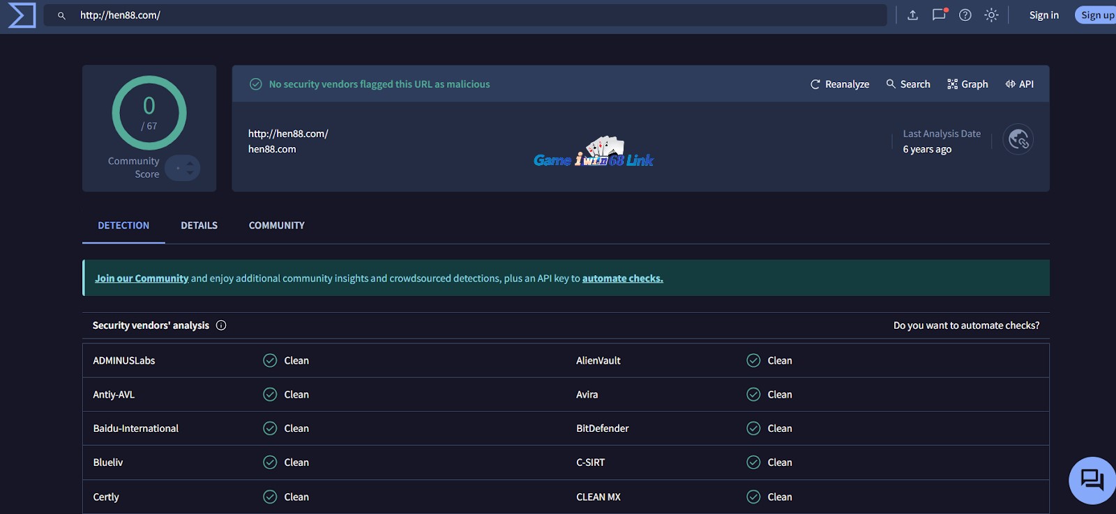 Kiểm tra độ an toàn của domain hen88.com bằng virustotal.com