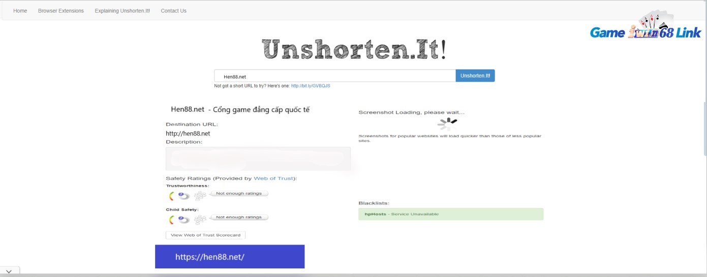 Kiểm tra độ an toàn của domain hen88.net bằng UnShorten.it