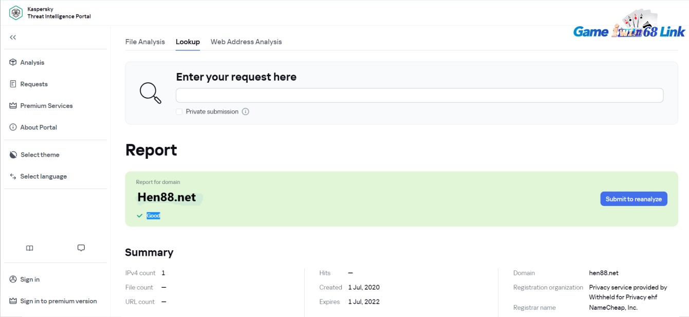 Kiểm tra độ an toàn của domain hen88.net bằng VirusDesk
