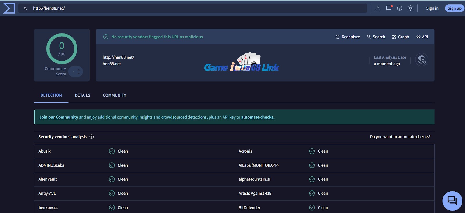 Kiểm tra độ an toàn của domain hen88.net bằng virustotal.com