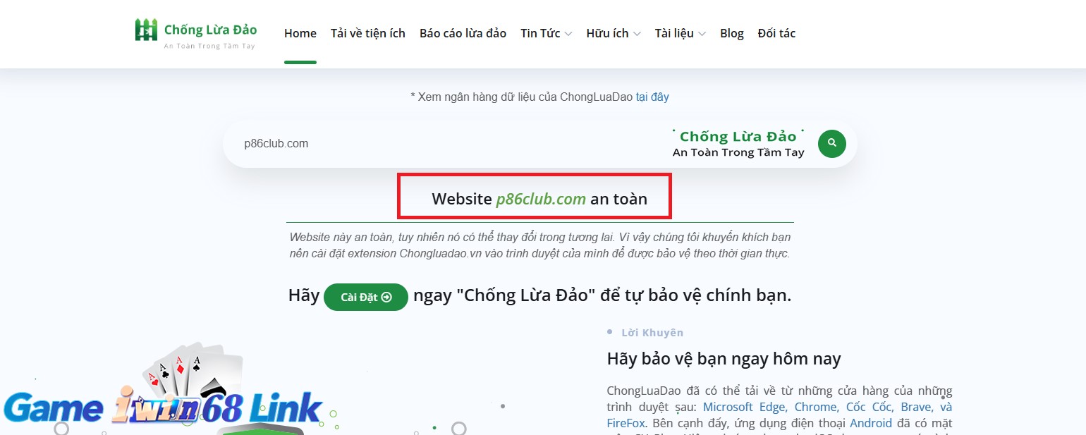 Kiểm tra p86club.com bằng web chongluadao.vn
