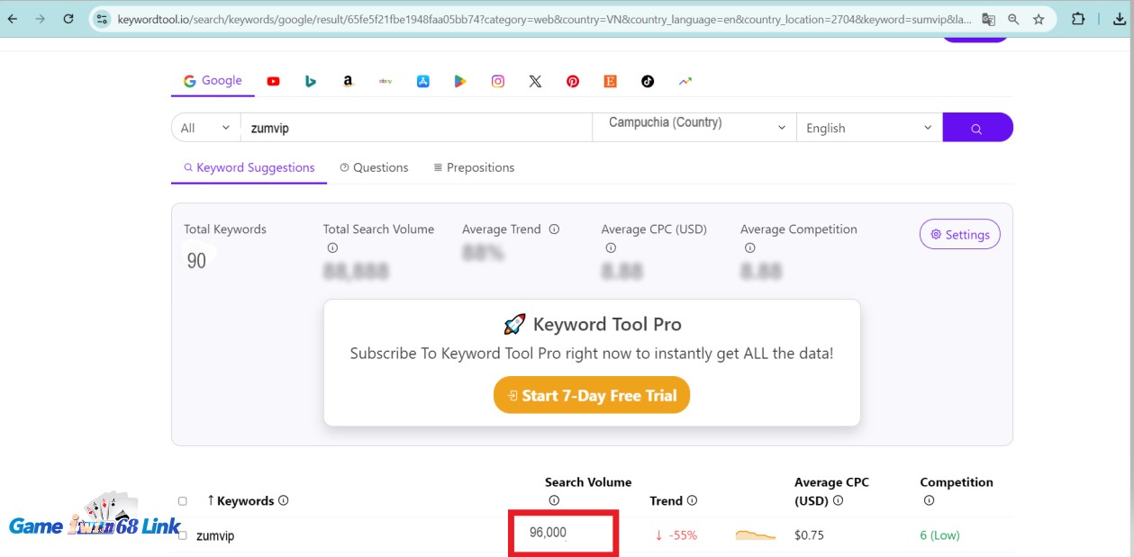 Lượt tìm kiếm cổng game Zumvip tại Campuchia