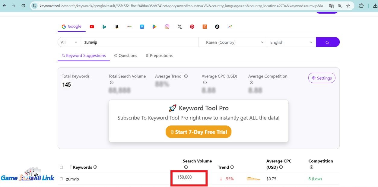 Lượt tìm kiếm cổng game Zumvip tại Hàn Quốc