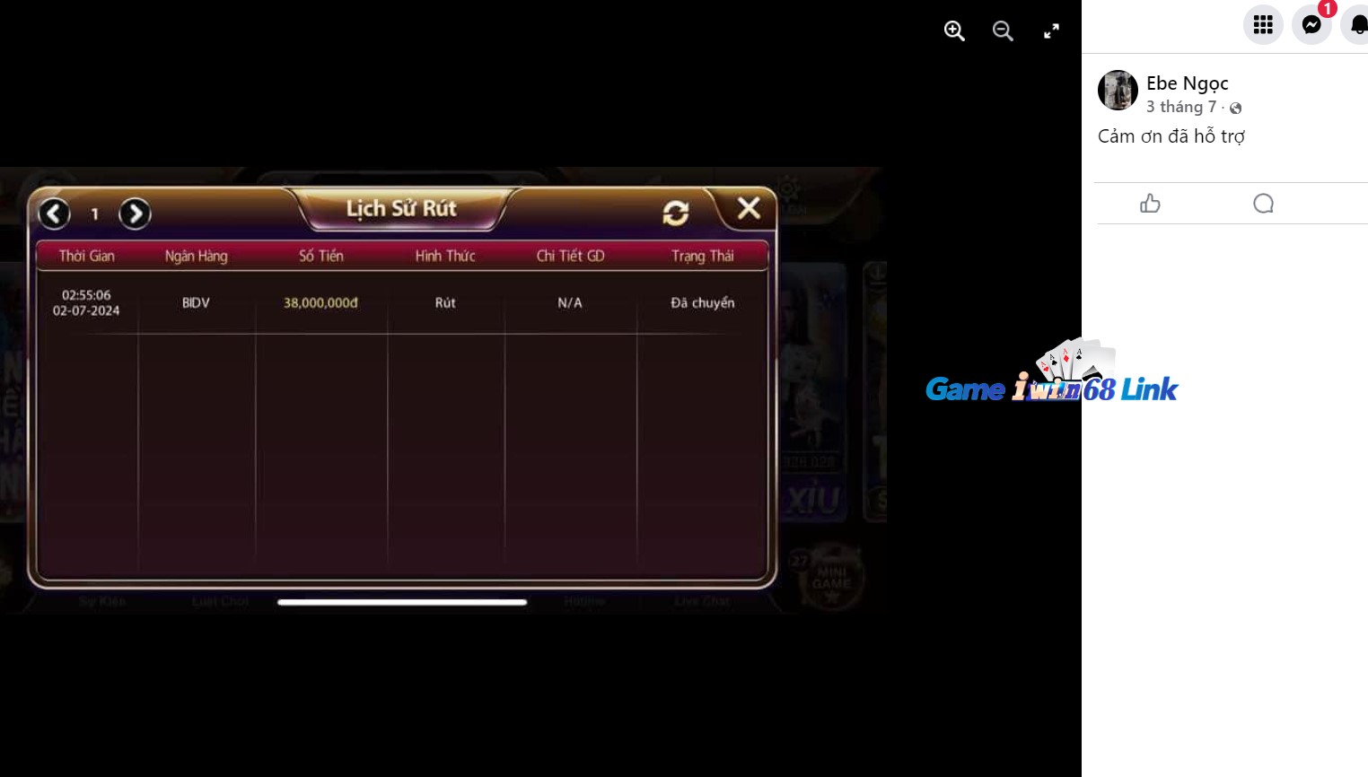 Người chơi Ebe Ngọc khoe lịch sử rút tiền