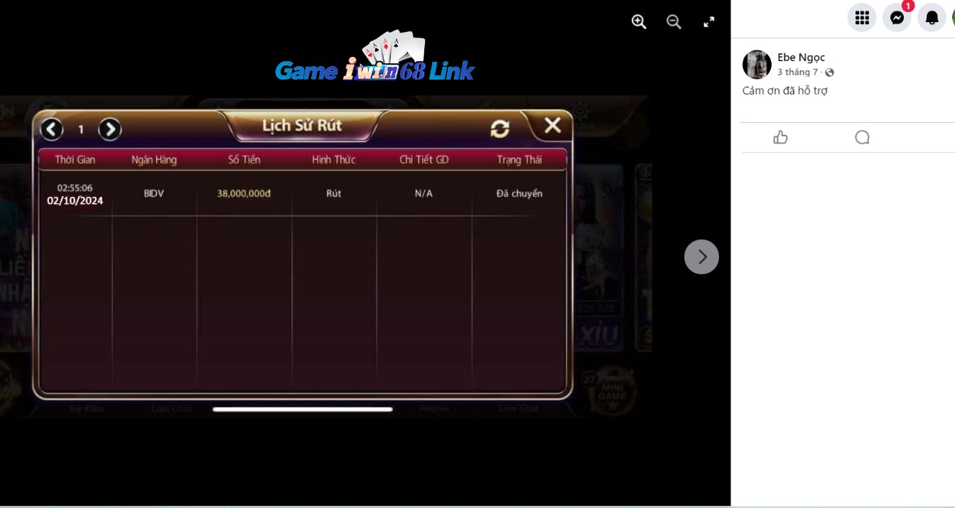 Người chơi Ebe Ngọc khoe rút thành công 38 triệu đồng vào ngày 02/10/2024