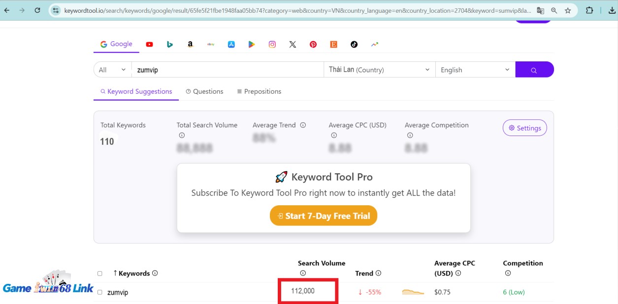 Số lượng tìm kiếm về cổng game Zumvip tại Thái Lan