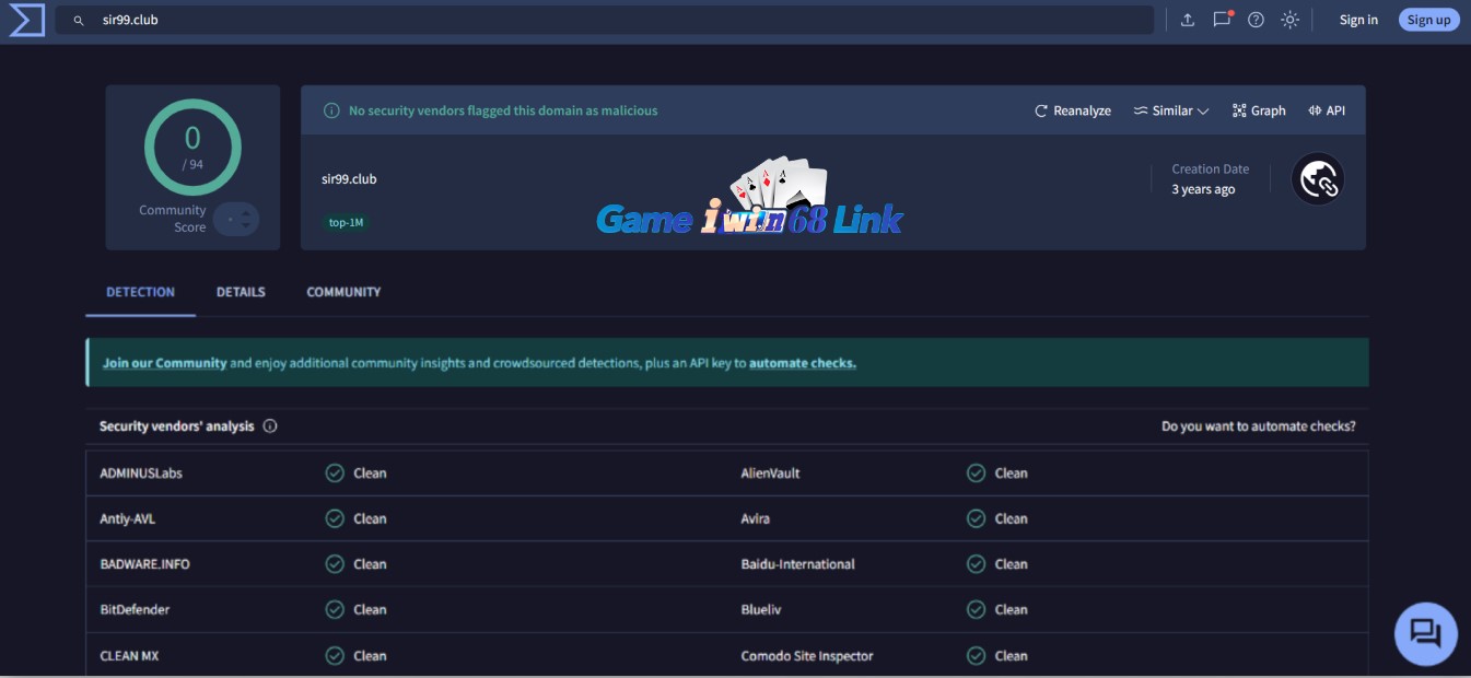 Xác nhận sir99.club an toàn của Virustotal
