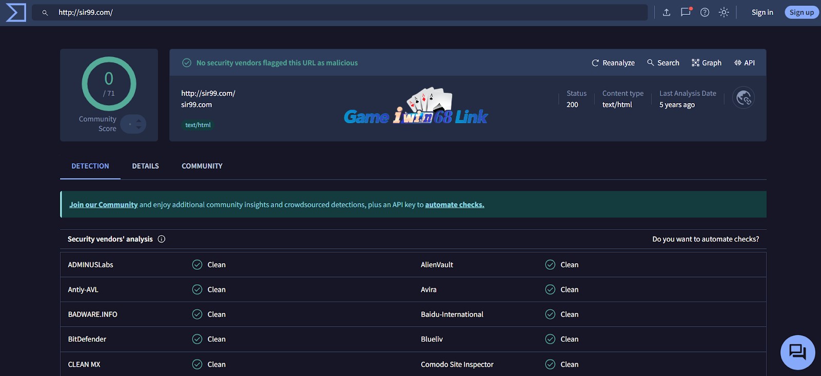 Xác nhận sir99.com an toàn của Virustotal