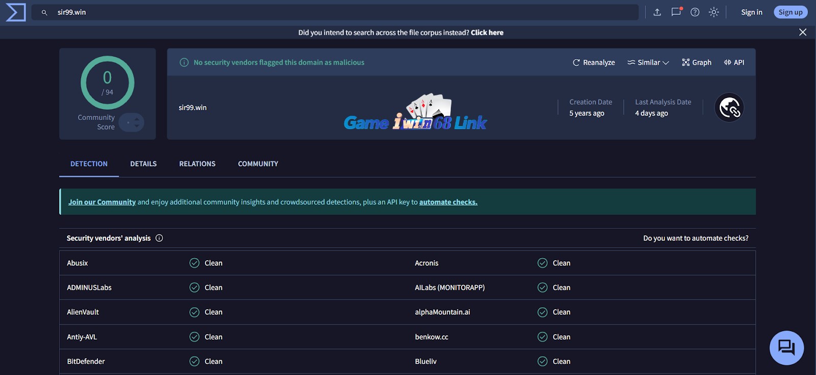 Xác nhận sir99.win an toàn của Virustotal