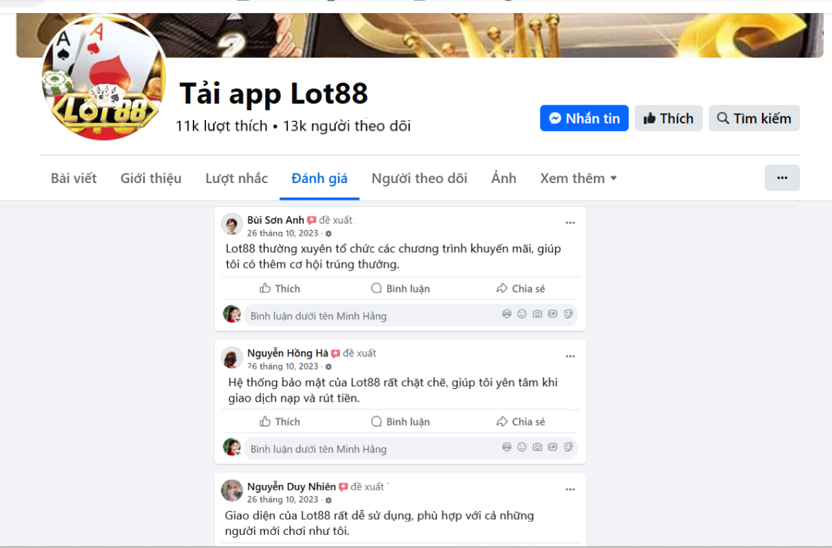Đánh giá của người chơi Bùi Sơn Anh, Nguyễn Hồng Hà, Nguyễn Duy Nhiên về Lot88