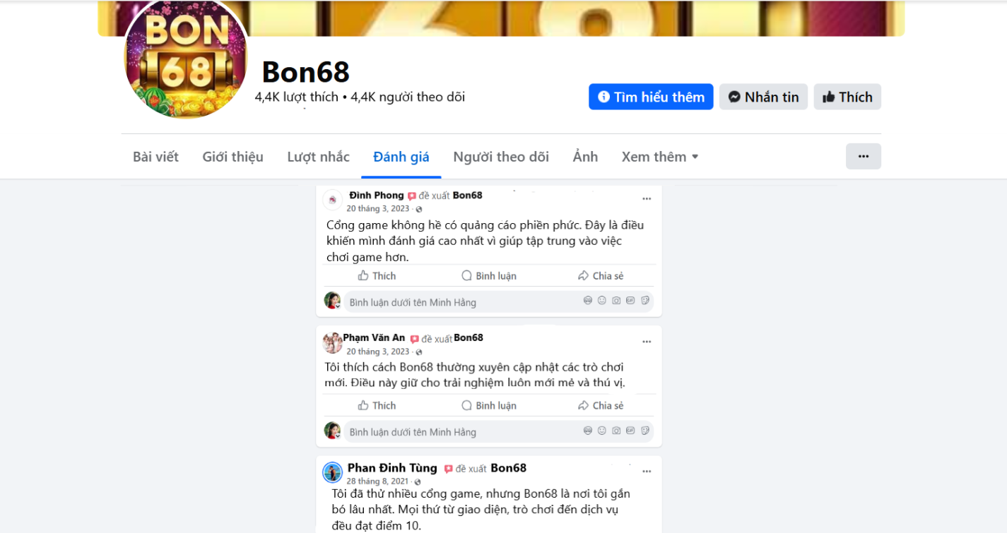 Đánh giá của người chơi Đinh Tùng, Phạm Văn An, Phan Đinh Tùng về Bon68
