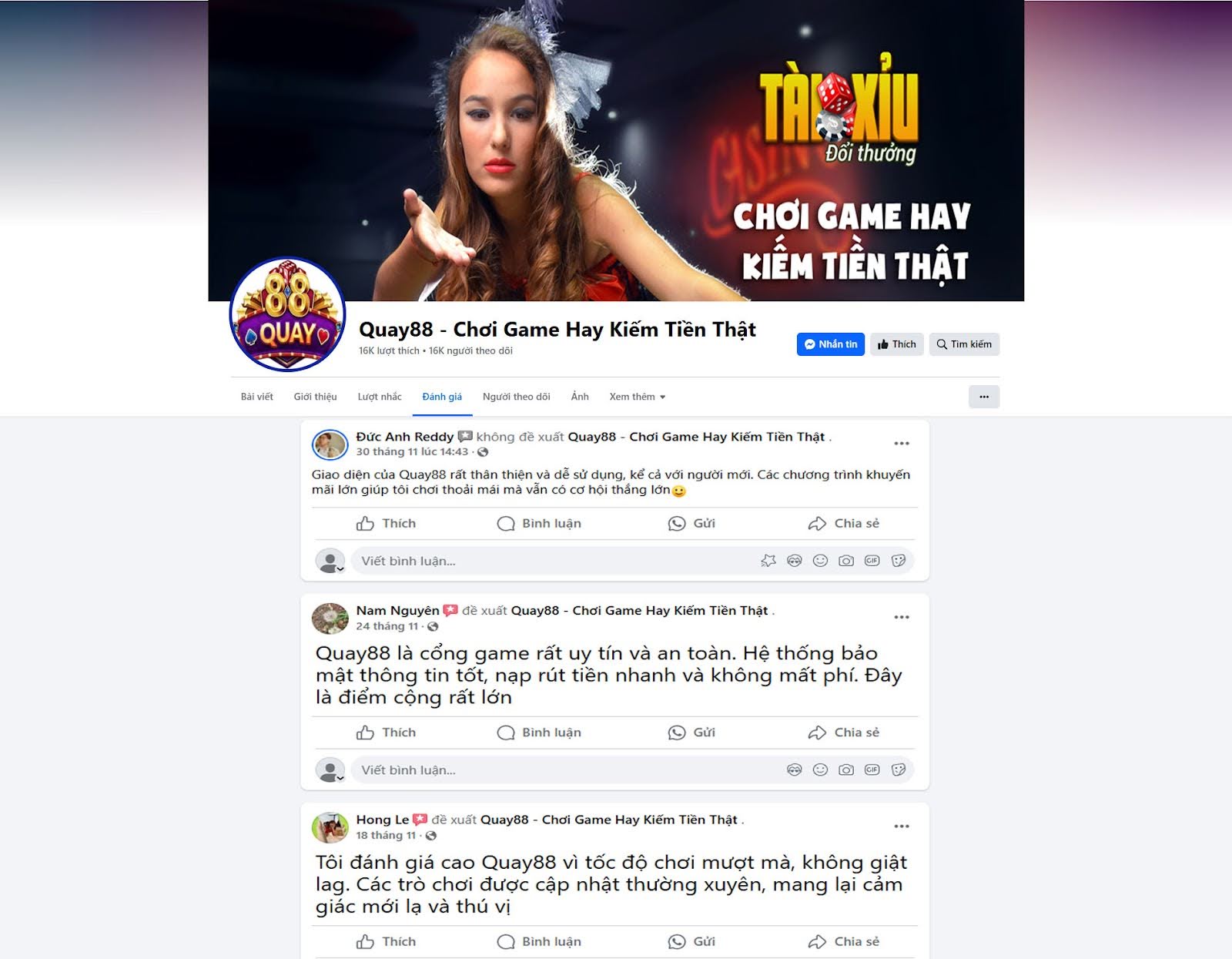 Đánh giá của người chơi Đức Anh, Nam Nguyên, Hong Le về cổng game Quay88