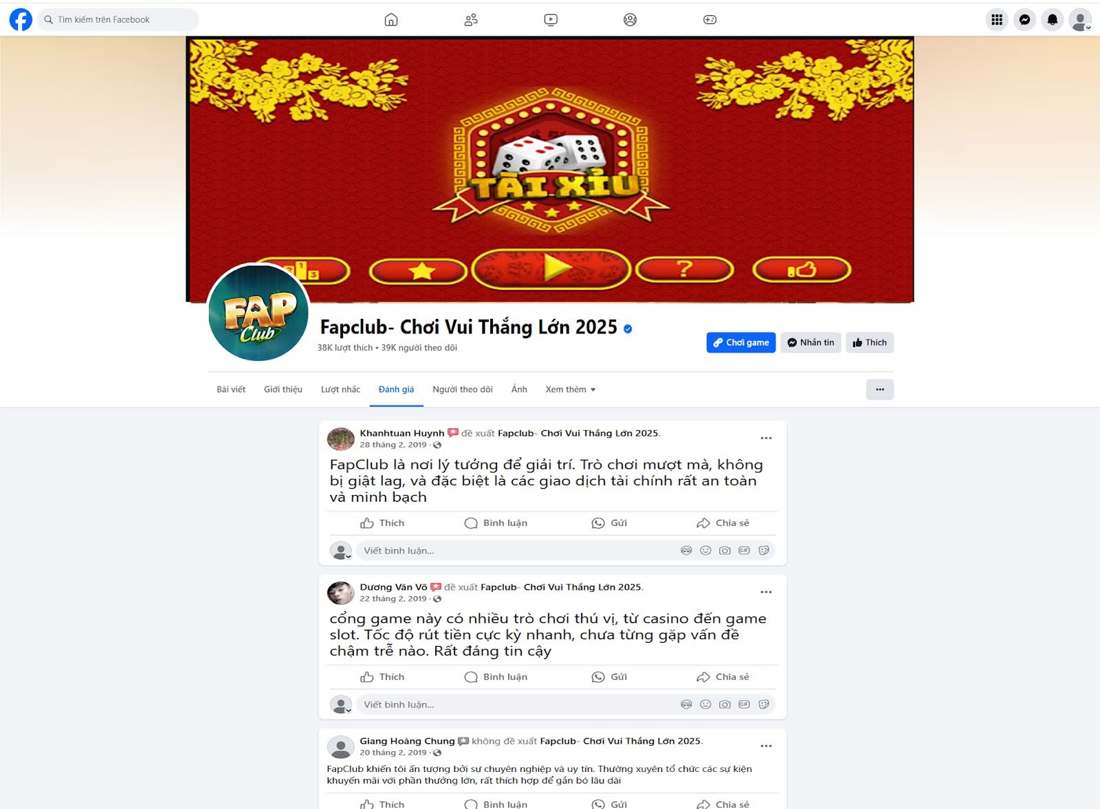 Đánh giá của người chơi Khanhtuan Huynh, Dương Văn Võ, Giang Hoàng Chung về cổng game fapclub