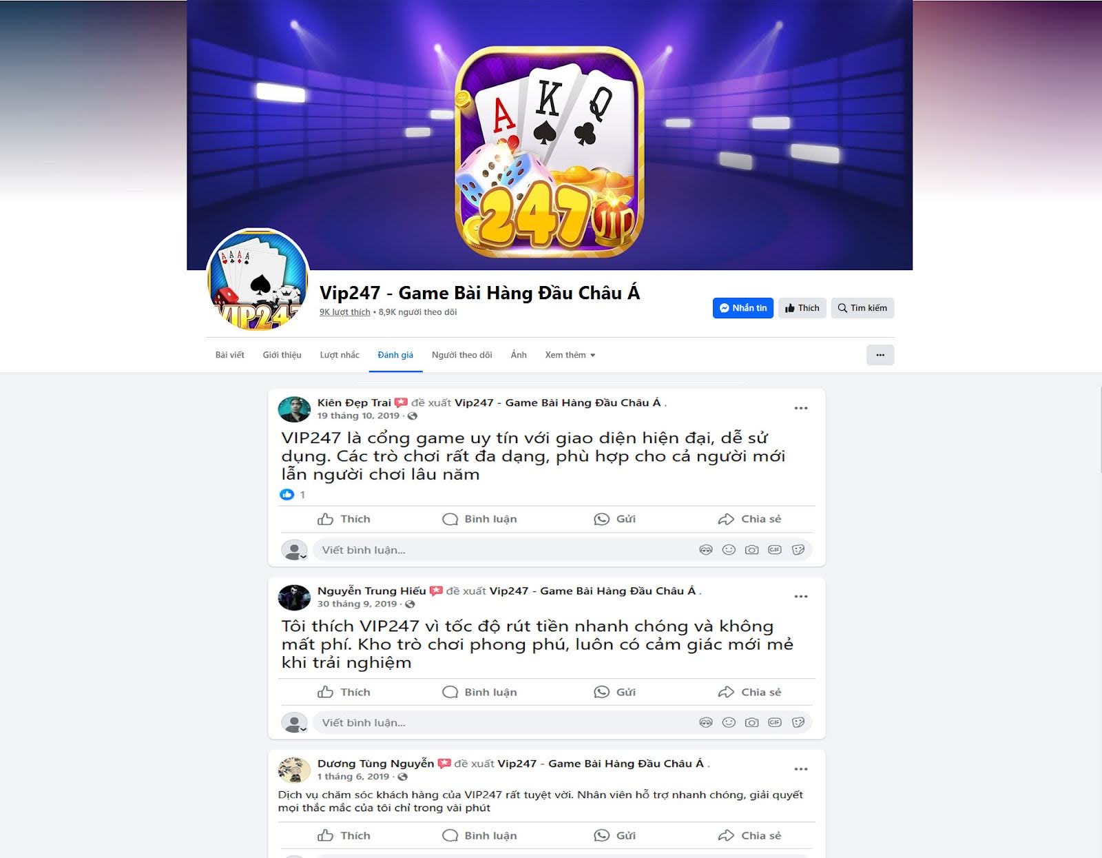 Đánh giá của người chơi Kiên Đẹp Trai, Nguyễn Trung Hiếu, Dương Tùng Nguyễn về cổng game Vip247