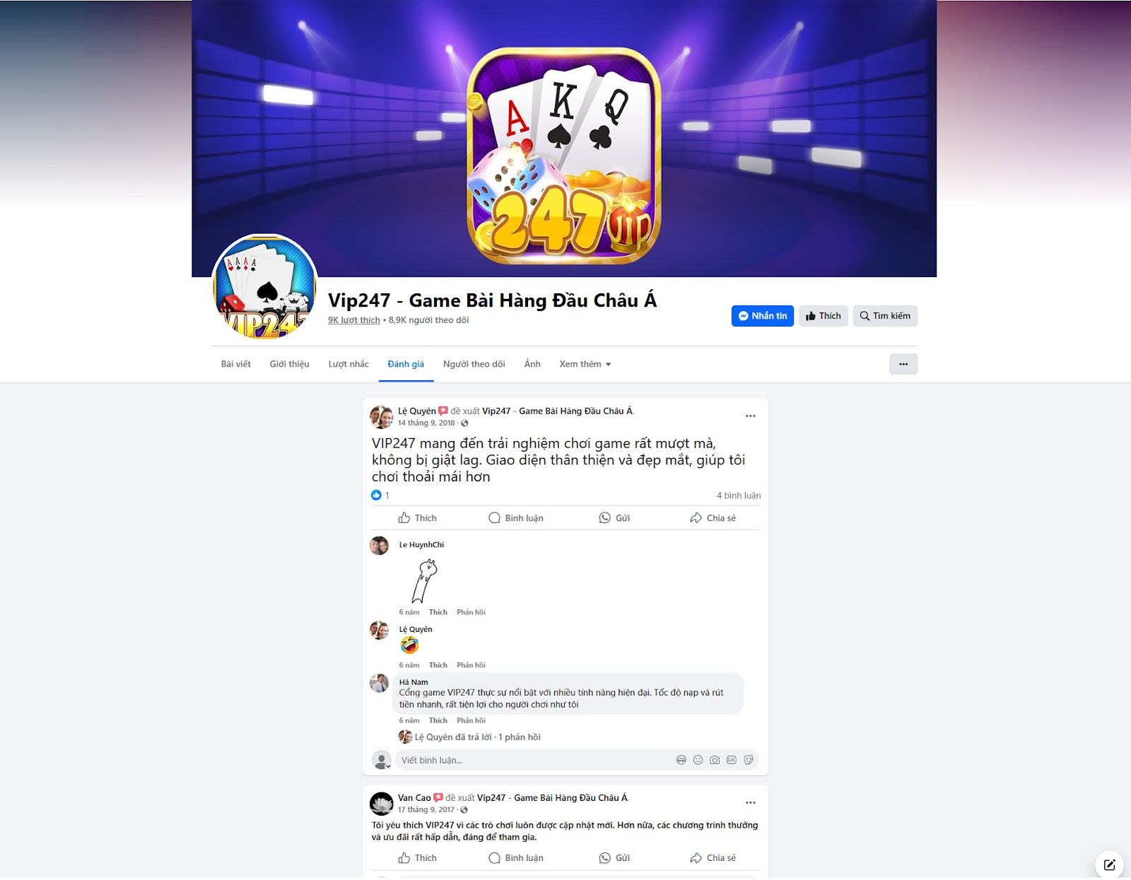 Đánh giá của người chơi Lệ Quyên, Hà Nam, Van Cao về cổng game Vip247