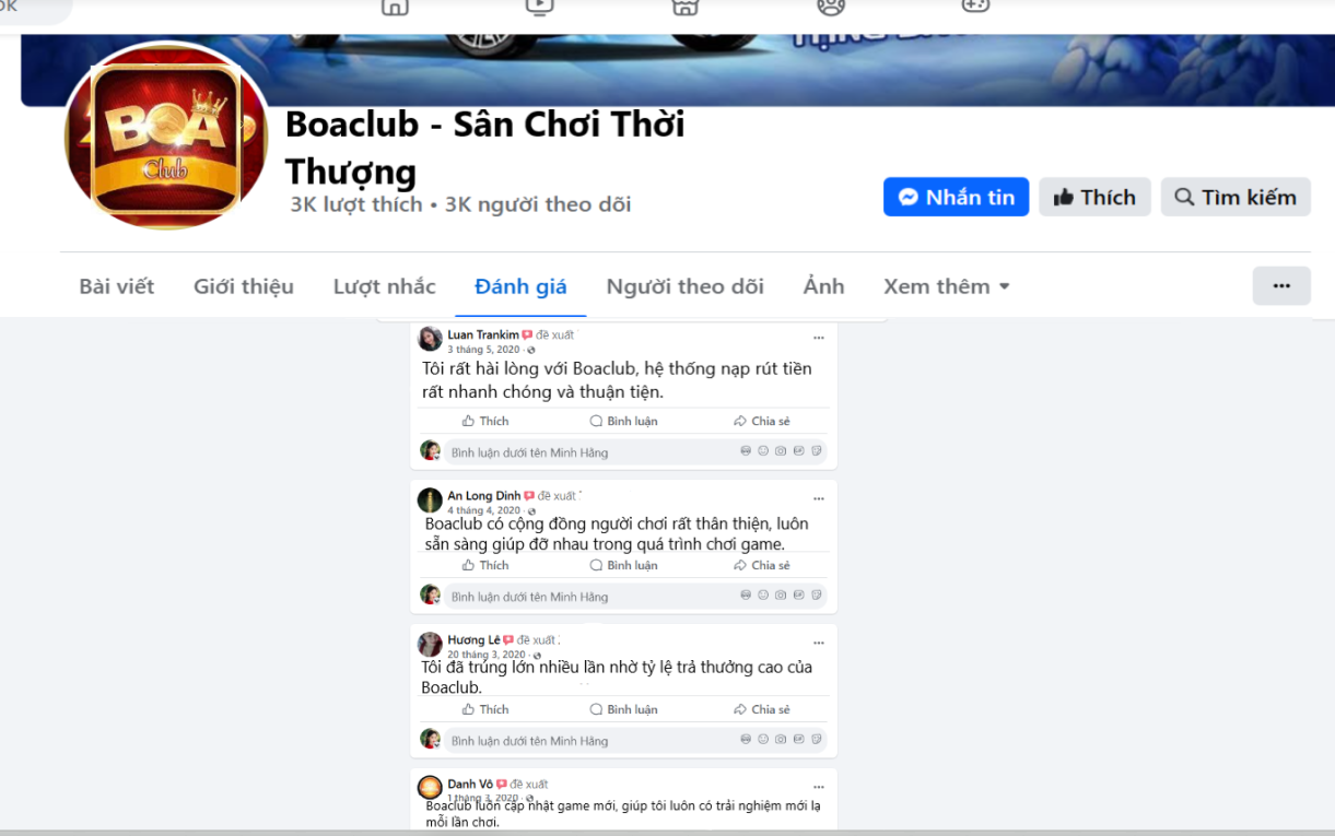Đánh giá của người chơi Luan Trankim, An Long Ding, Hương Lê, Danh Vô về Boaclub