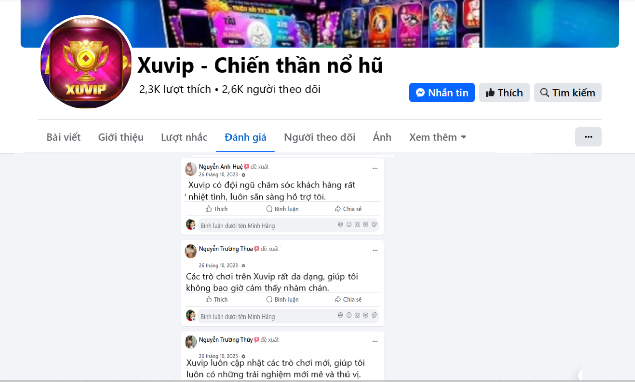 Đánh giá của người chơi Nguyễn Anh Huệ, Nguyễn Trường Thoa, Nguyễn Trường Thúy về Xuvip